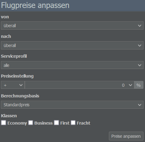 Flugpreis-Menü (Commercial-Tab)
