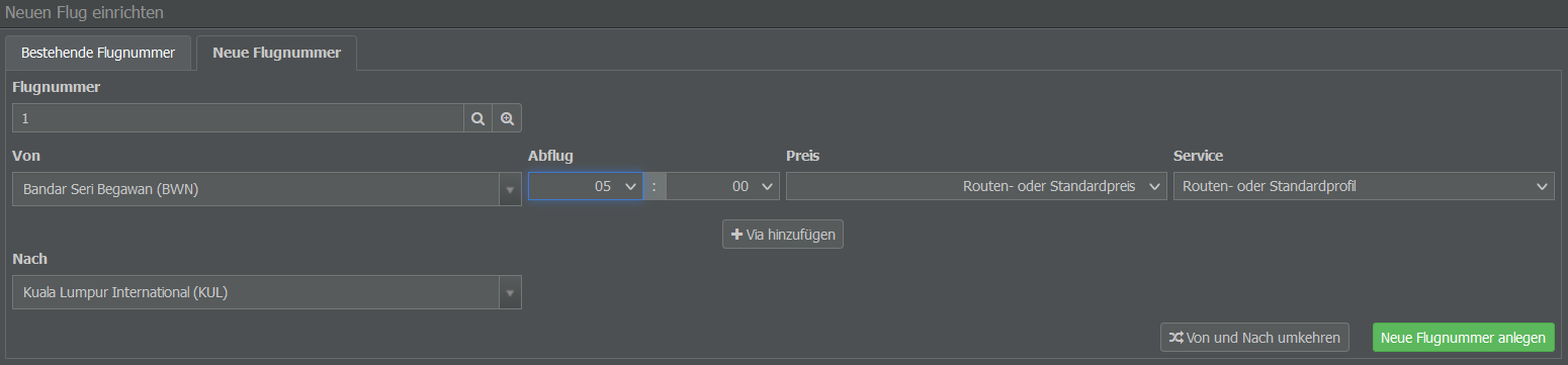 Eine neue Flugnummer anlegen