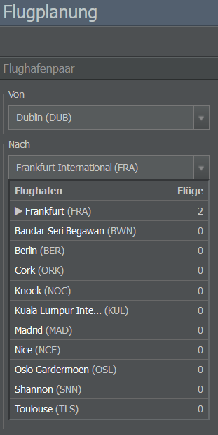 Auswahl eines Flughafenpaares